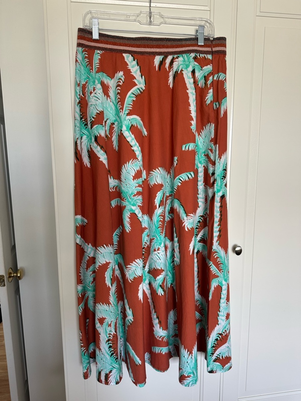 Oliphant Rust Maxi Skirt with Mint Palm Motif